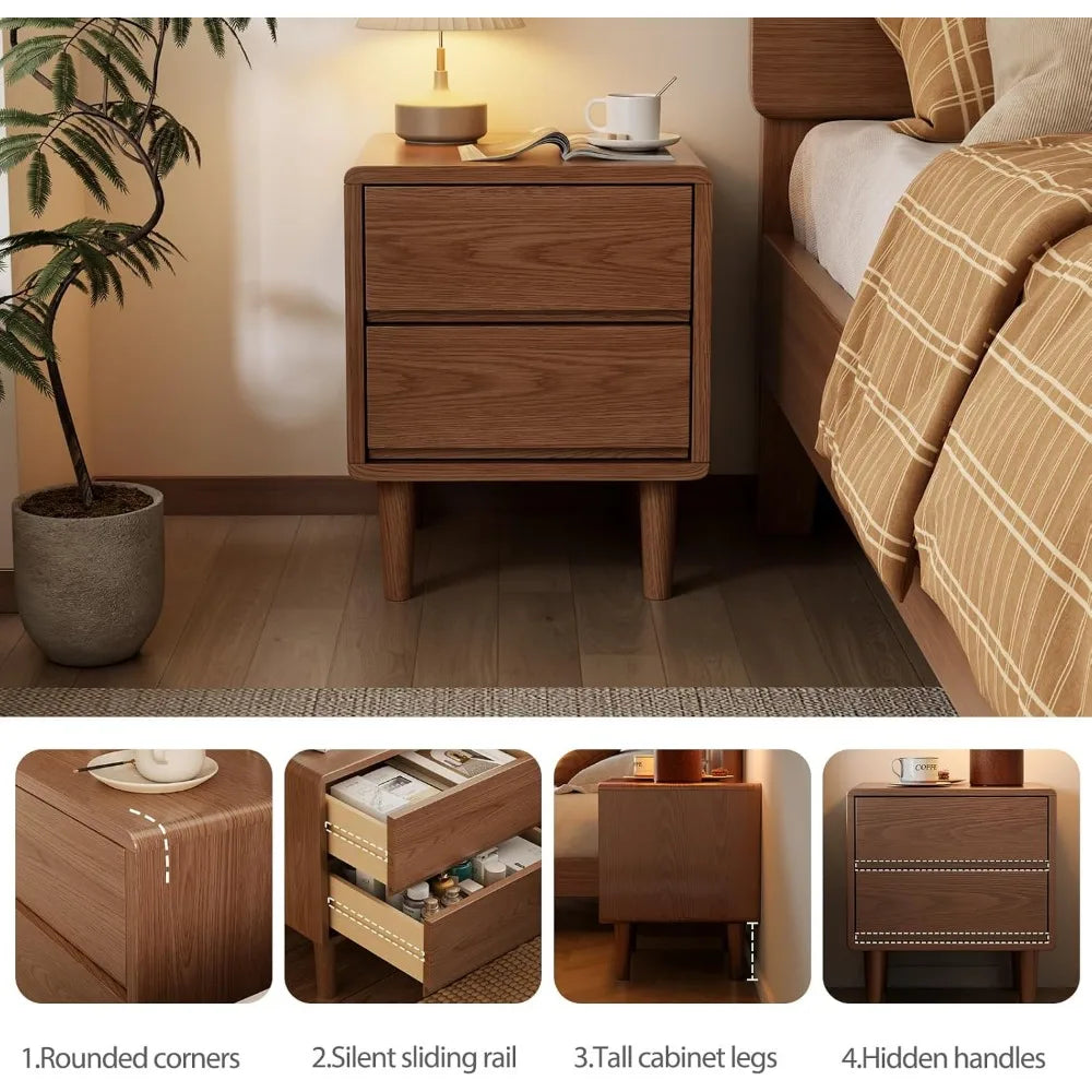 Solid Wood Nightstand, Walnut Nightstand with Drawers Mid Century Modern Night Stand,Wood Night Stands,Small Bedside Table for B