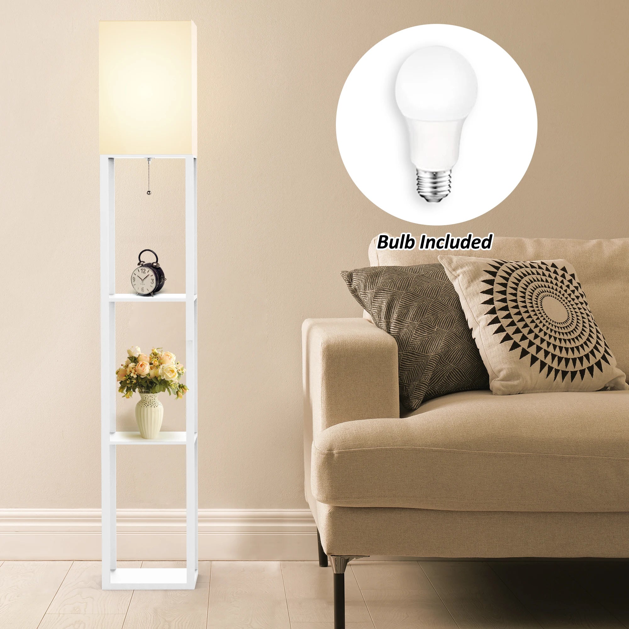 Column Floor Lamp with Shelves, Real Solid Wood and Bulb Included