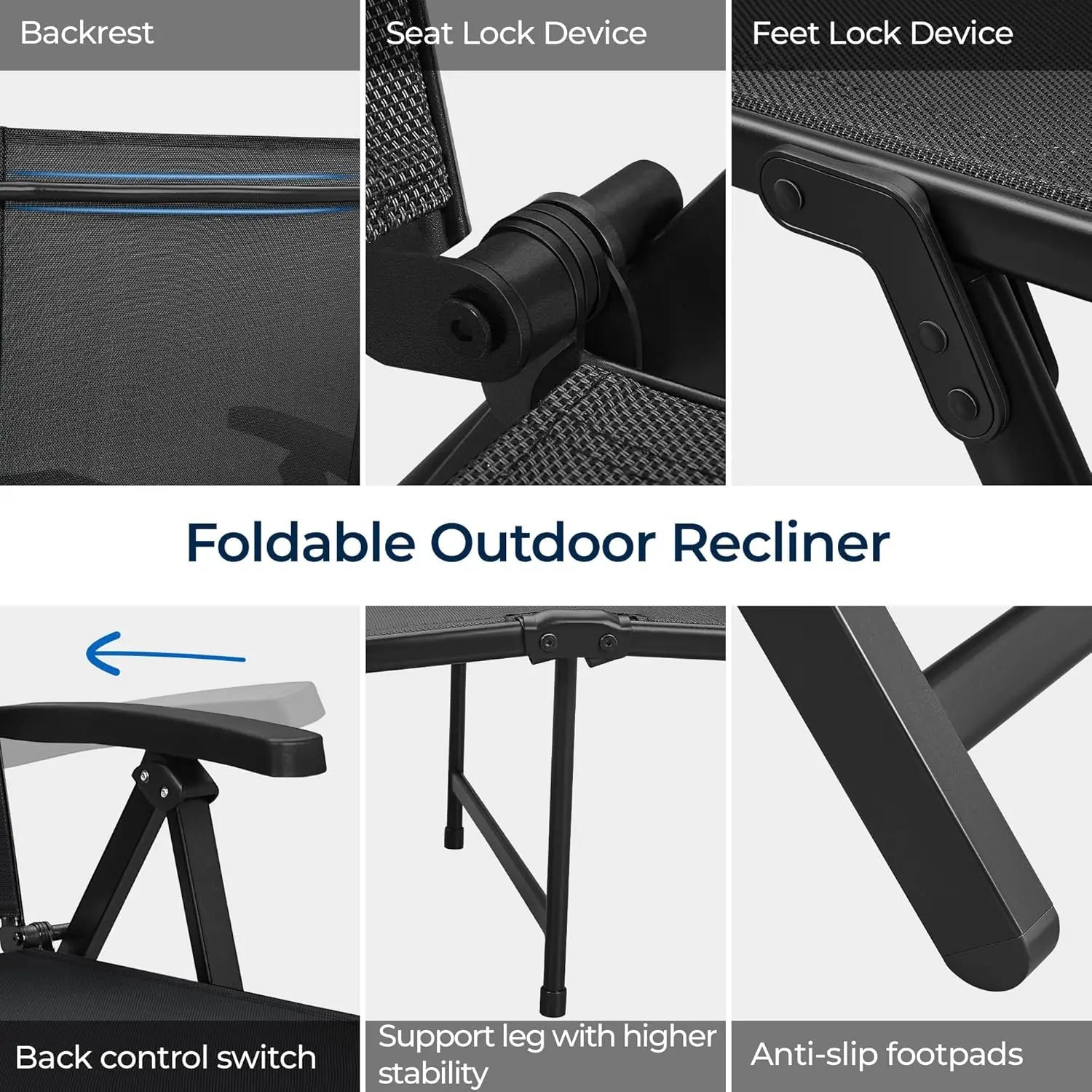 Outdoor Folding Chaise Lounge Set of 2 Patio Reclining Chairs w/Adjustable 7-Position Back for Beach Pool Garden Yard Deck Black