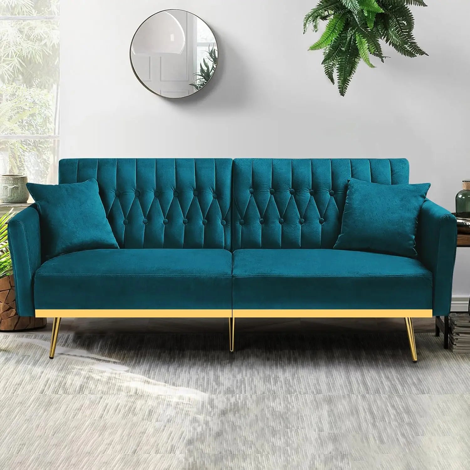 70' Velvet Futon Sofa Bed with Adjustable Armrests & Backrest, Convertible Sleeper Couch, Modern Futon with 2 Pillows, Teal