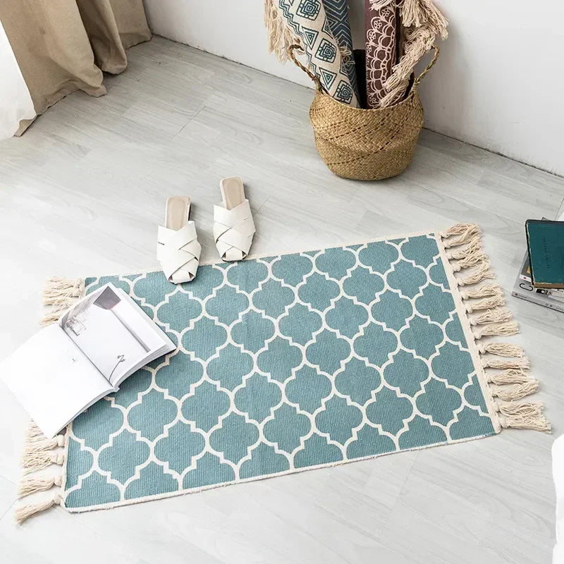 60*90CM Living Rooms Bedrooms Home Decor Retro Bohemian Hand Woven Cotton Linen Carpets Tassel Bedside Rug Geometric Floor Mat