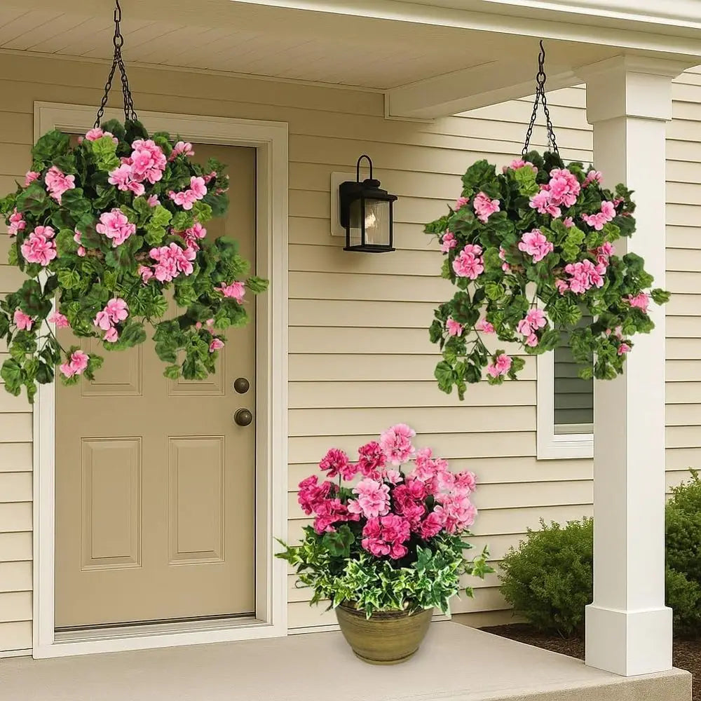 Pink Flowering Artificial Geranium Plant in Bronze Pot for Outdoor Porch and Patio Decor, Large Arrangement with Heavy Pot
