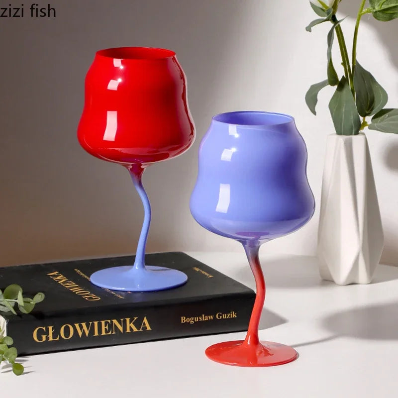 Cream Style High Footed Glass Cup Creative Colored Red Wine Glass Wine Glass Cocktail Glasses Liquor Container Home Drink Ware