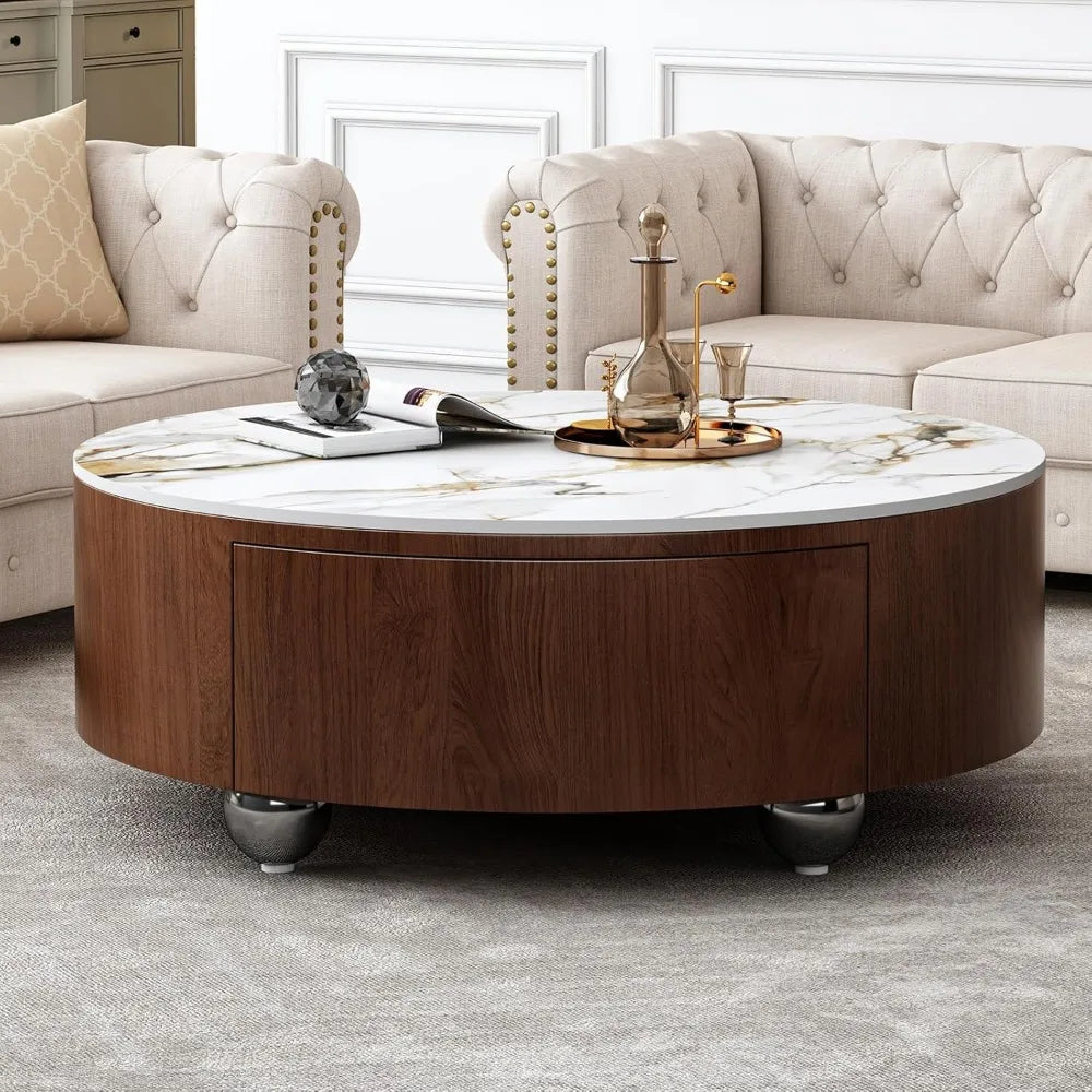 35.4” Mid-Century Modern Round Coffee Table – Marble Top with Drawers, Solid Walnut Wood