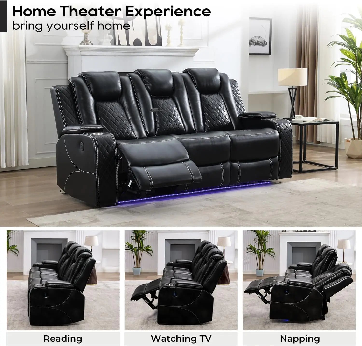 Power Reclining Sofa 0 Gravity w/ Wireless Charger,LED Floor Lights,Reading Light, Drop-down Table USB/Type-C Port(070)