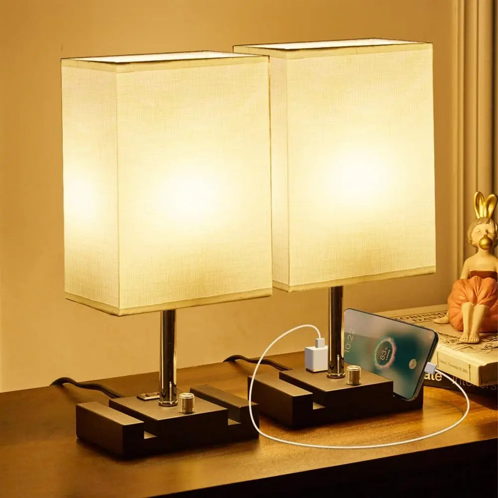 Fully Dimmable Bedside Lamps for Bedroom with Two Phone Stands,Wooden Desk Lamp for Table Living Room Reading Light Home Decor