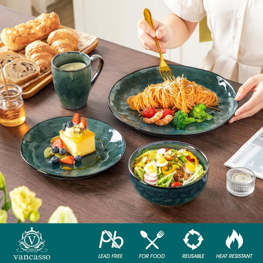 Starry 16 Pieces Green Dinnerware Set Reactive Glaze Dinner Sets Plates and Bowls Set for 4 16 Pcs Ceramic Dish Set Stoneware