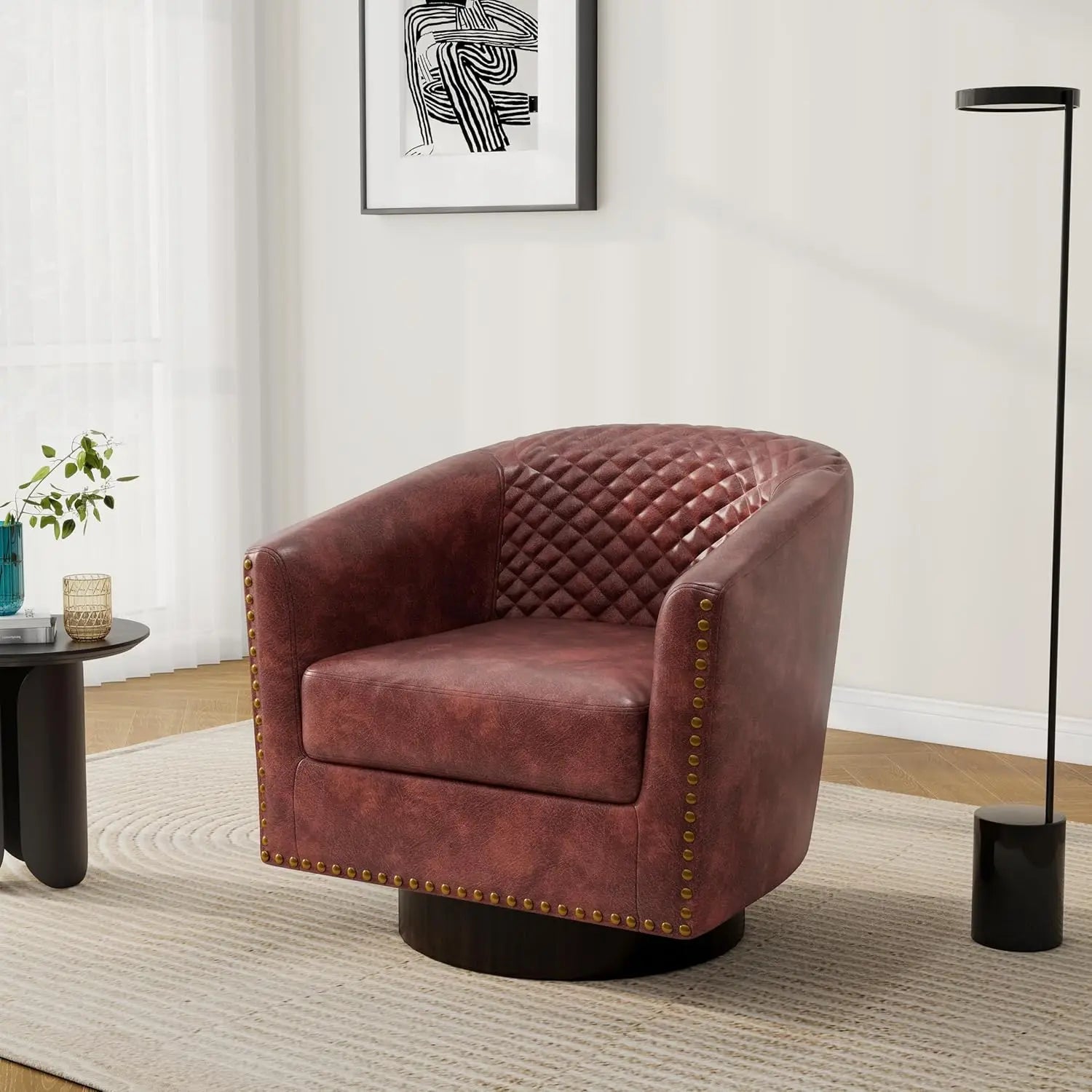 Pia Ricco Faux Leather Barrel Accent Chair – Modern Club Armchair with Wood Legs