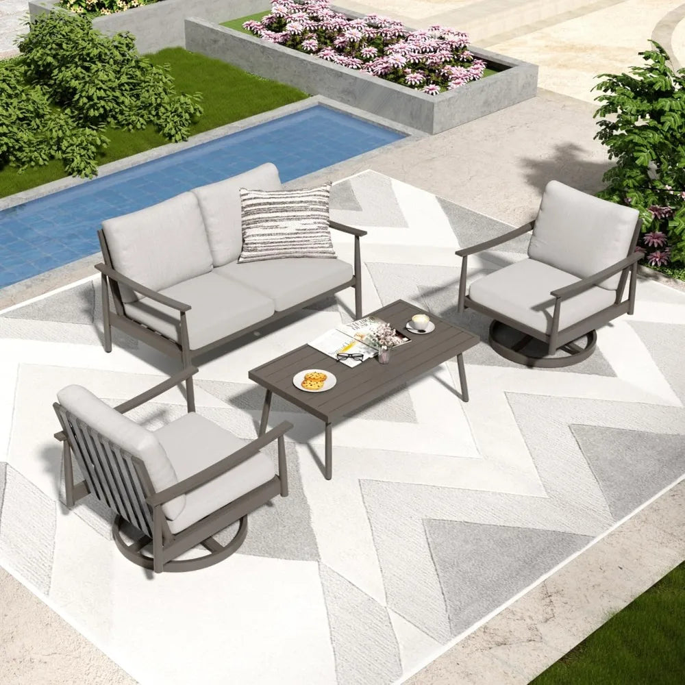 4 Pieces Patio Furniture Set, Aluminum Outdoor Patio Furniture Sets, 2 Swivel Chairs and Loveseat with Thick Cushion, Patio Conv