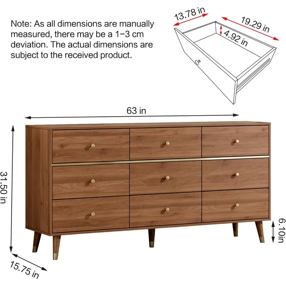 Drawer Dresser, Wide Mid Century Modern Chest of Drawers, Wooden Bedroom Drawer Dresser with 9 Storage Drawers for Bedroom, L