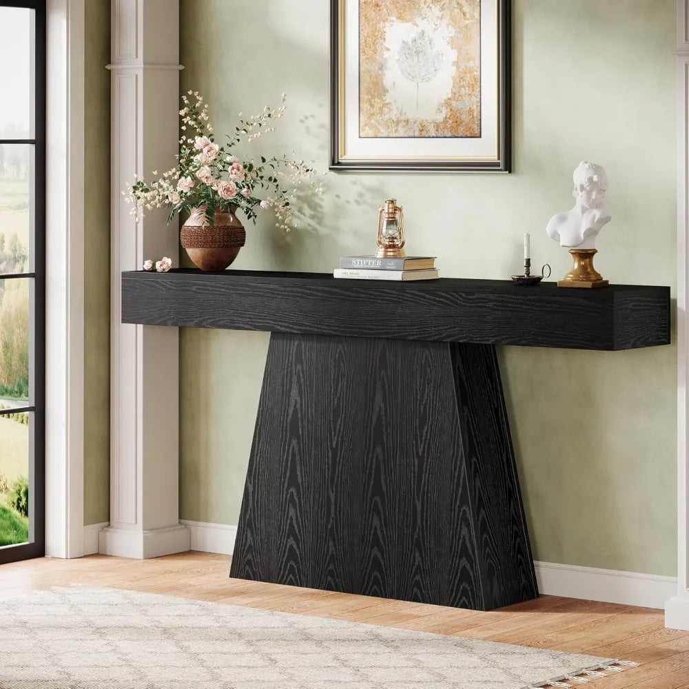 63 Black Console Table, Farmhouse Entryway Table with Trapezoidal Base, Narrow Long Wood Sofa Table Behind Couch
