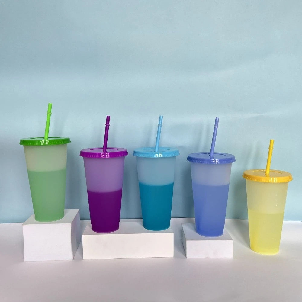 New 24oz 10Pcs Color Changing Cups with Lids and Straws 710ml Plastic Tumblers Cute Iced Coffee Cup Reusable Cups Bulk
