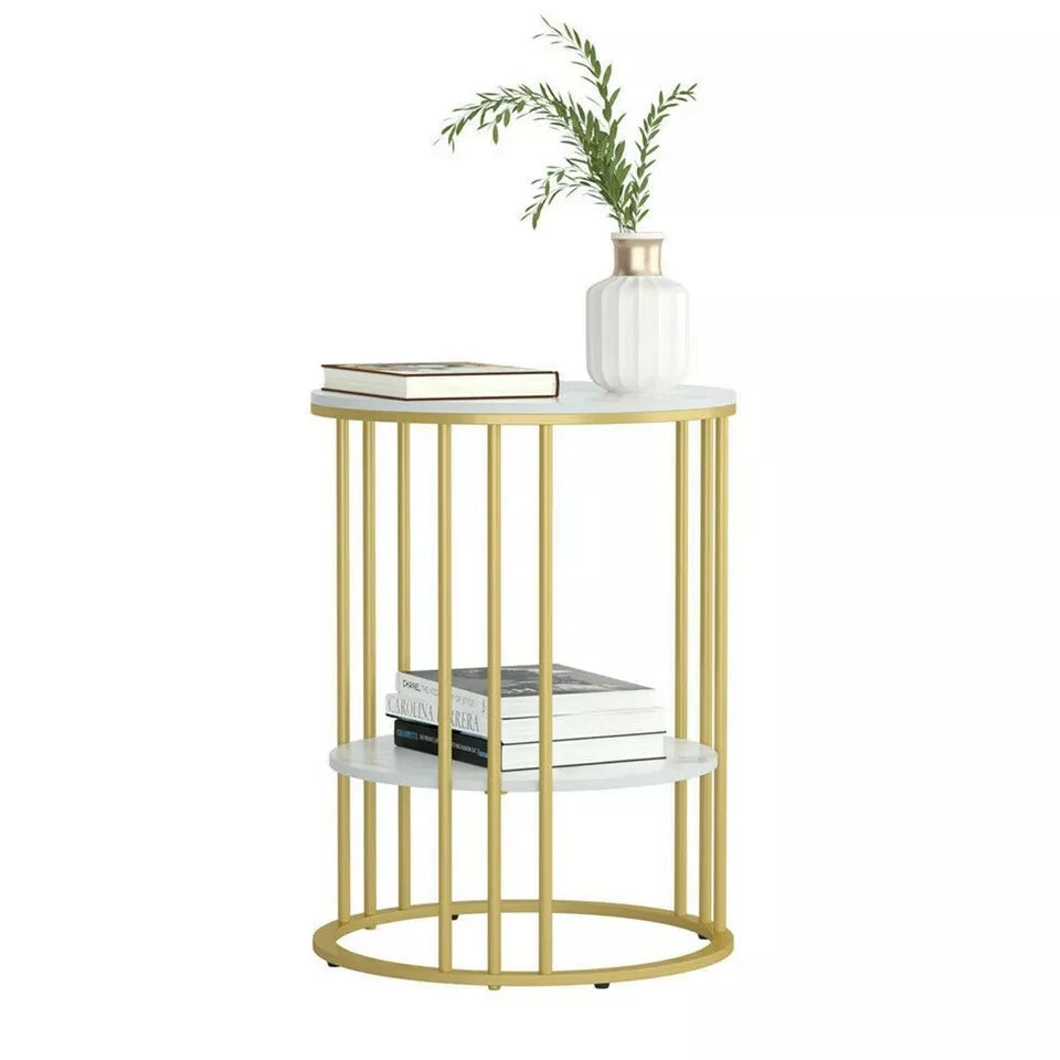 2 Tiers Round Sofa Side Table Sintered Stone Gold Metal Frame End Table Marble Accent Coffee Table Nightstand