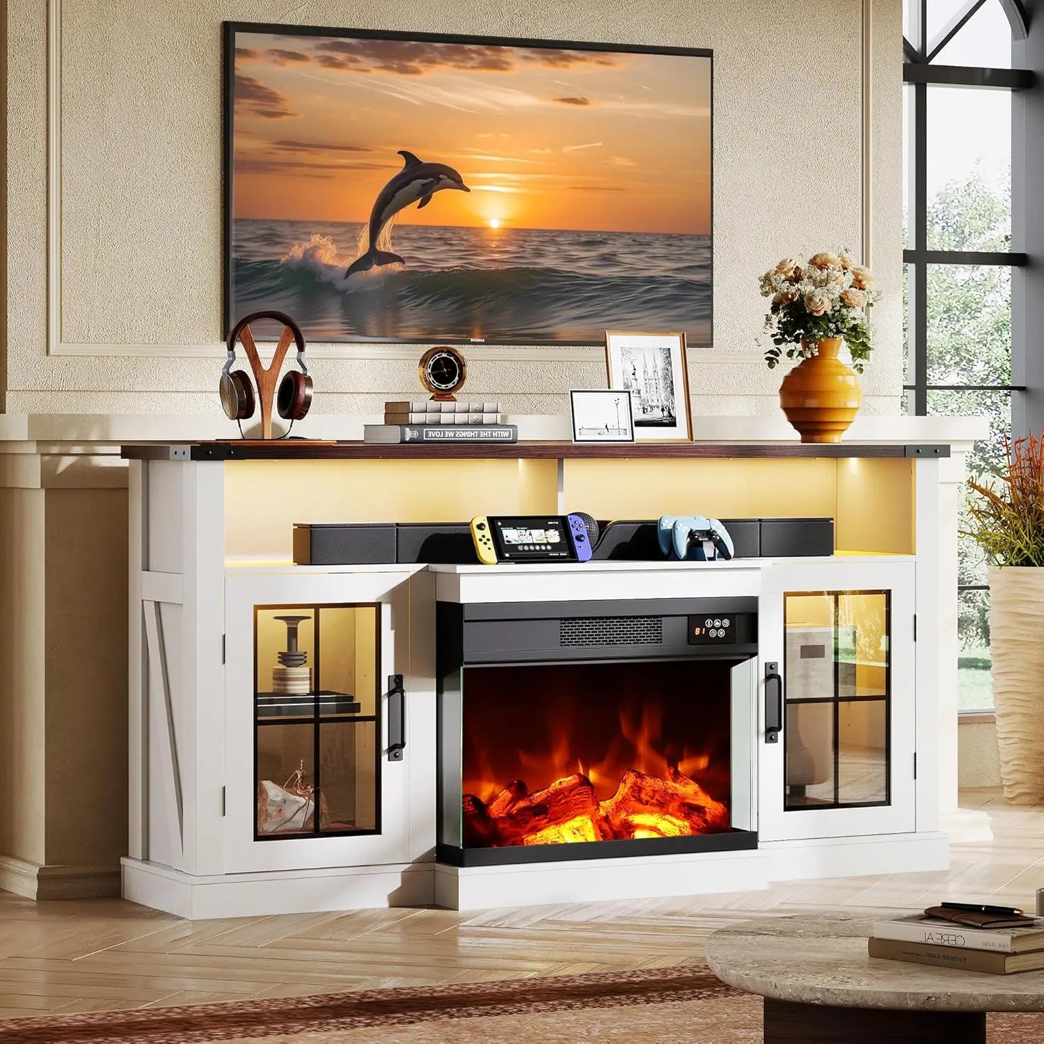 Farmhouse TV Stand for 65 Inch TV, Tall Entertainment Center with LED Lights & Storage Cabinets,