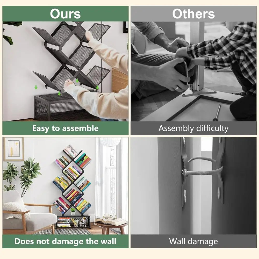 Black Foldable Metal 6-Tier Bookshelf with Storage – No Assembly Required