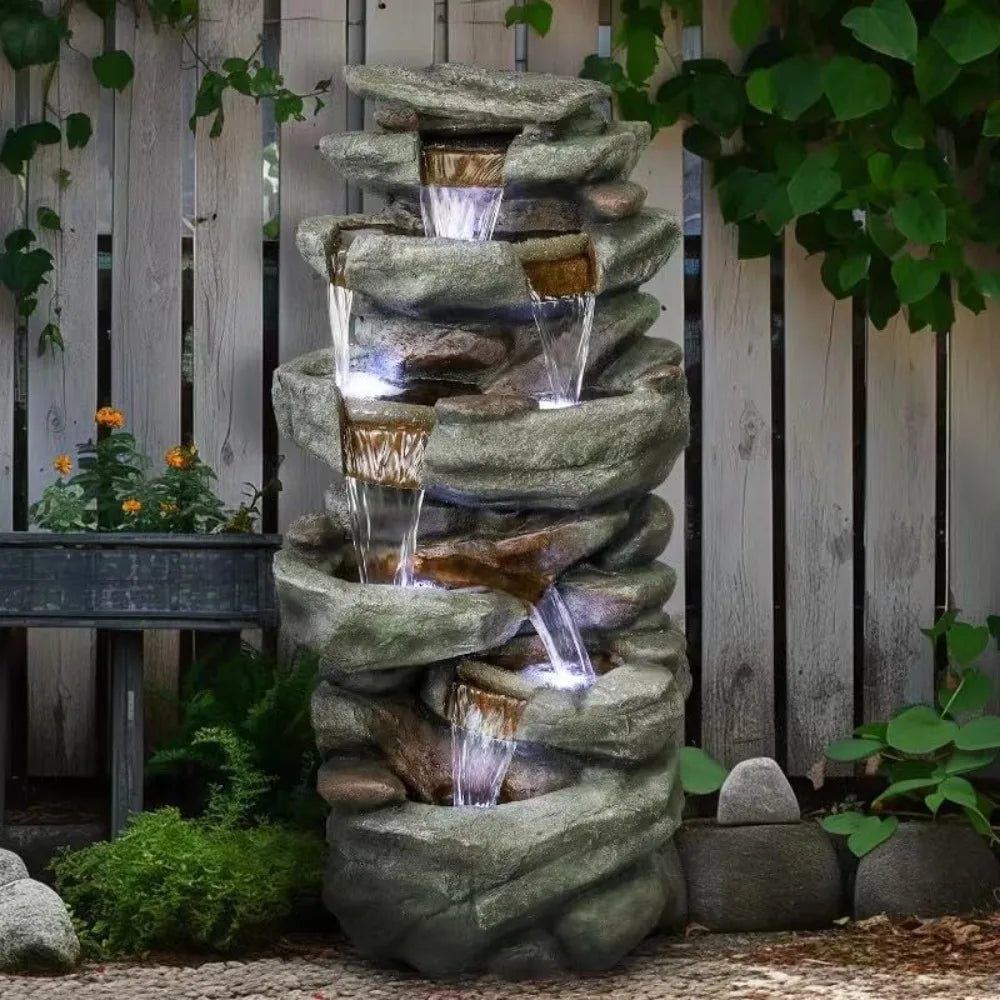 40.5” High Rocks Outdoor Water Fountain, 6-Tiers Cascading Waterfall with LED Lights, Soothing Tranquility