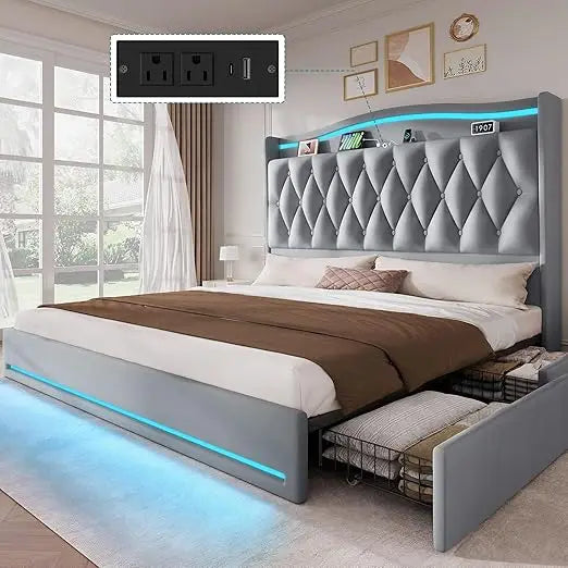 King Size Velvet Upholstered Bed Frame – 4 Storage Drawers with RGB LED Headboard & Charging Station