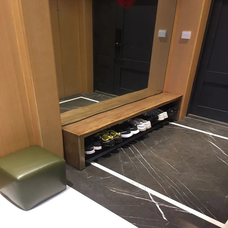 Nordic Modern Solid Wood Entryway Bench – Double-Layer Shoe Rack Storage Bench