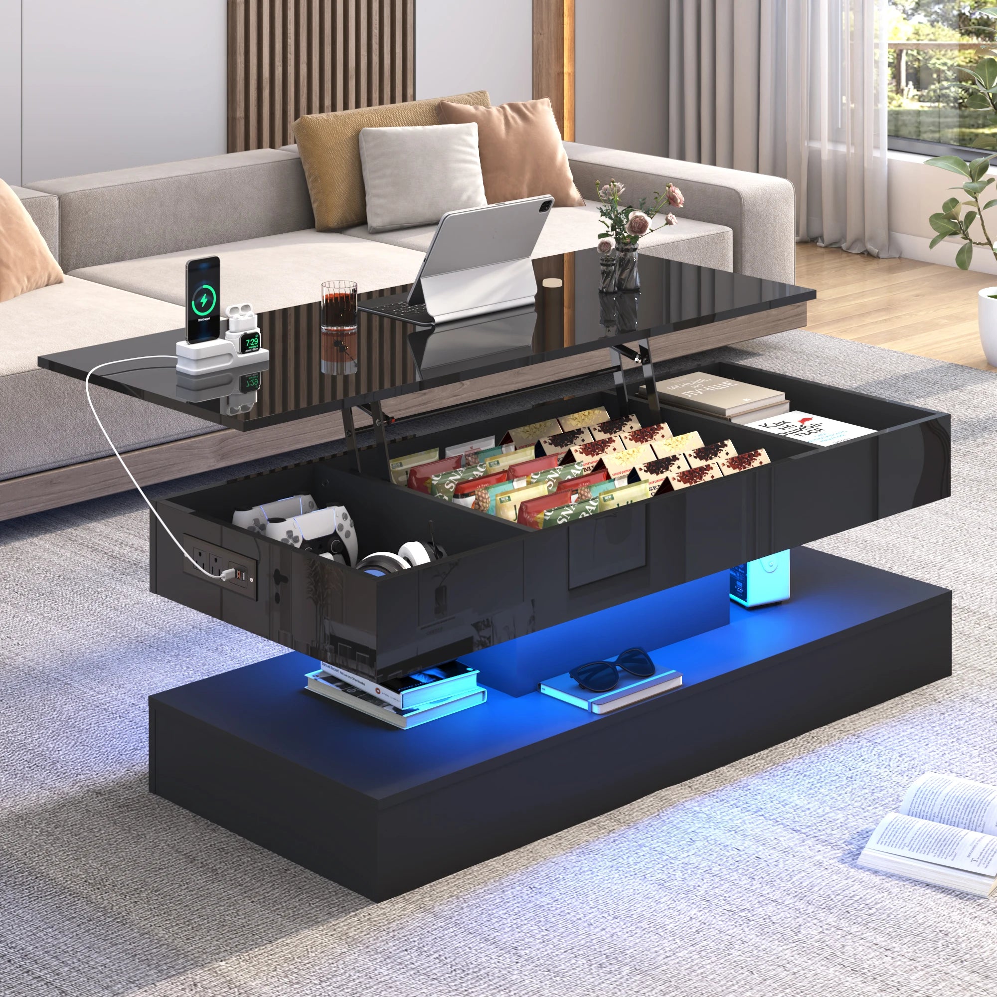 High-Gloss LED Coffee Table – White Center Table with Open Display Shelf & Large Storage