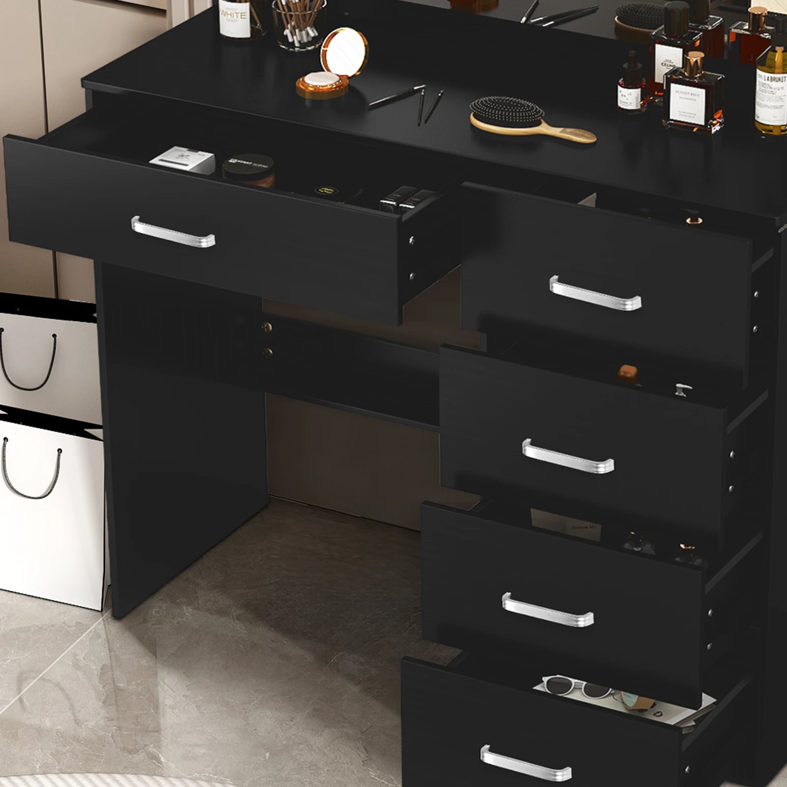 Black Vanity Dressing Table with Large Mirror 11 LED Lights Storage Drawers Bedroom Beauty Station for Women Girls Makeup Desk