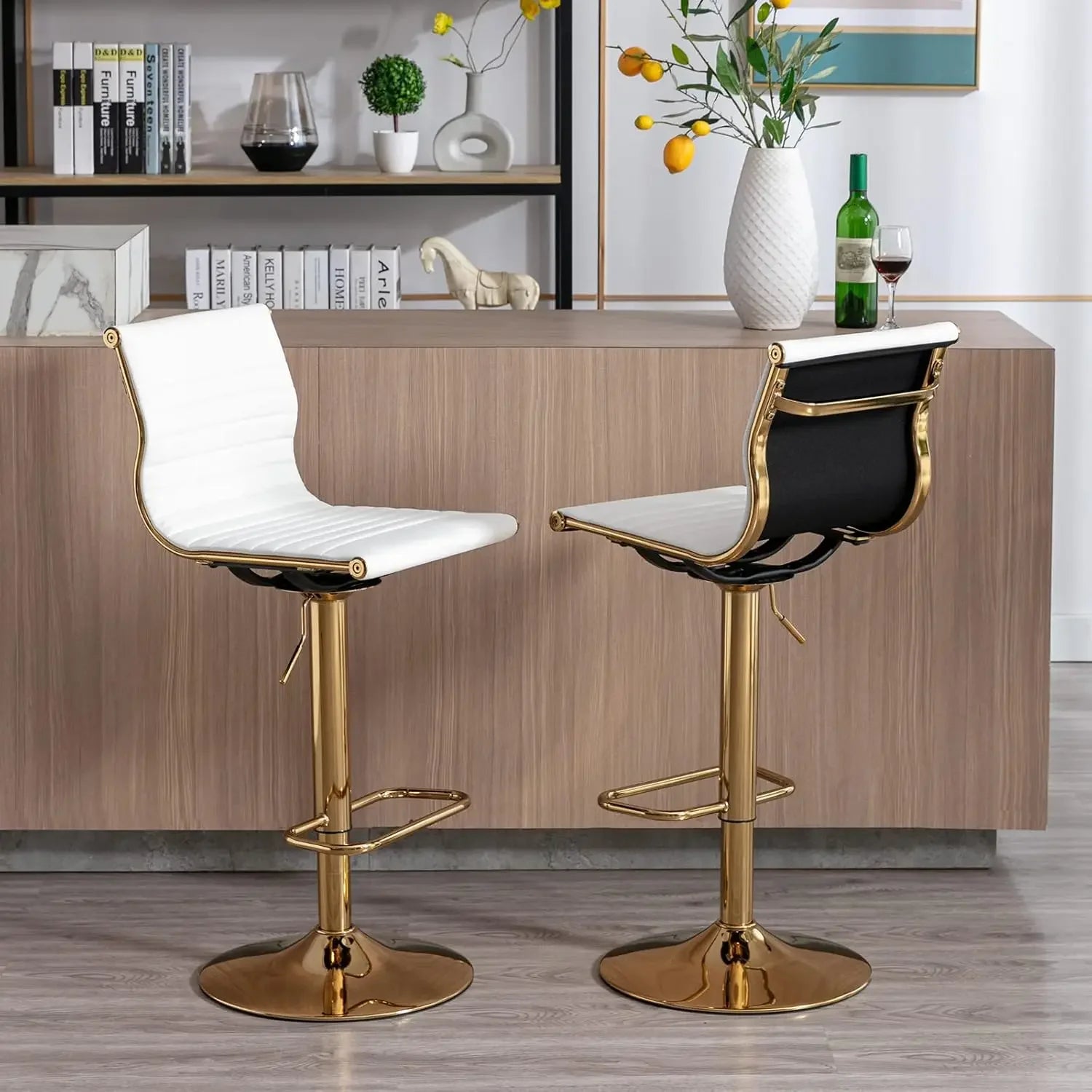 White Adjustable Bar Stools – Faux Leather Counter-Height Chairs with Back (Set of 2)