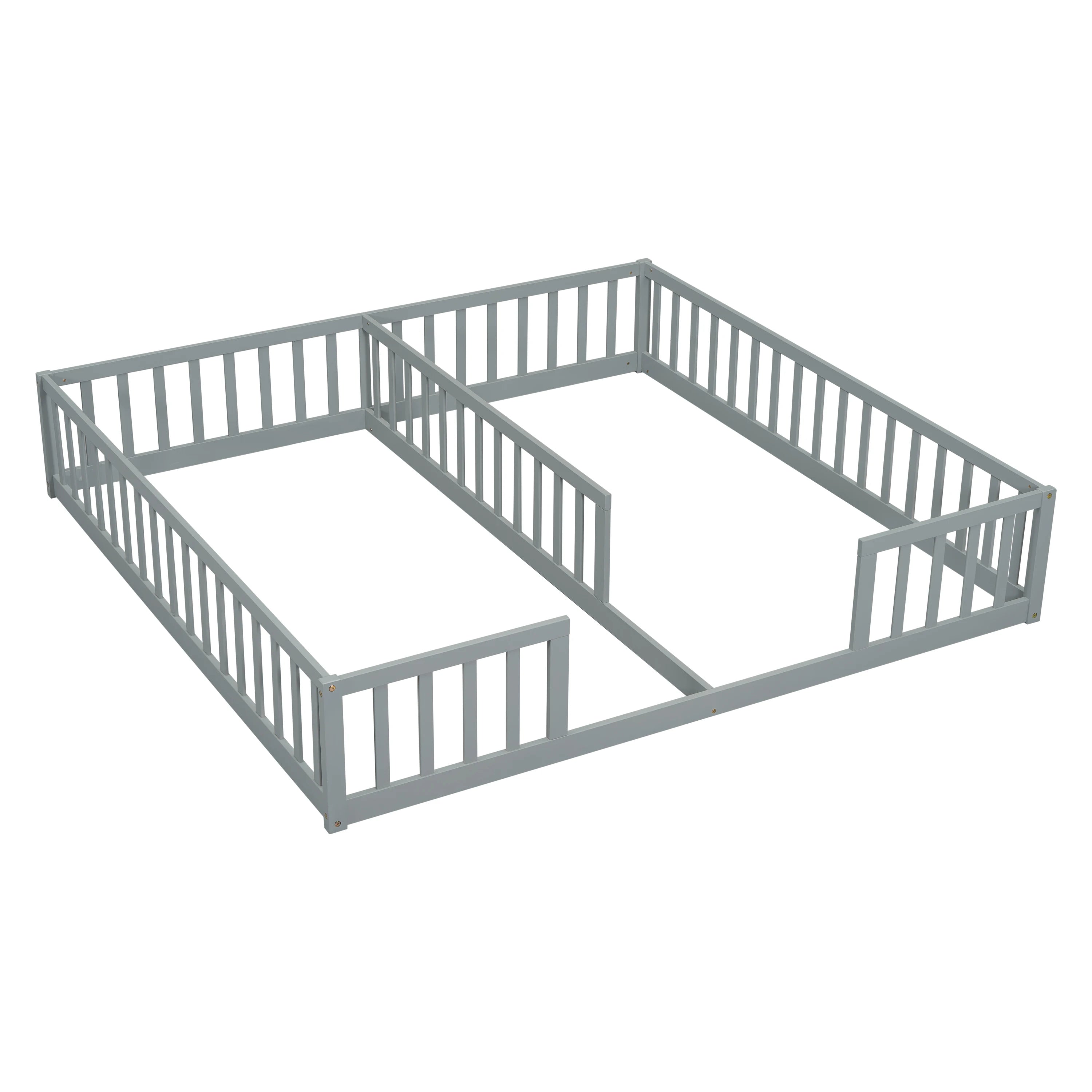 Double Twin Floor Bed with Fence & Guardrails – Doorless Design