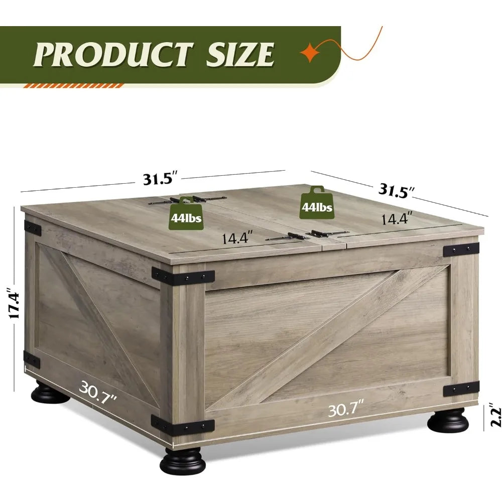 31.5” Farmhouse Square Coffee Table – Wood Center Table with Flip-Top Lids & Hidden Storage