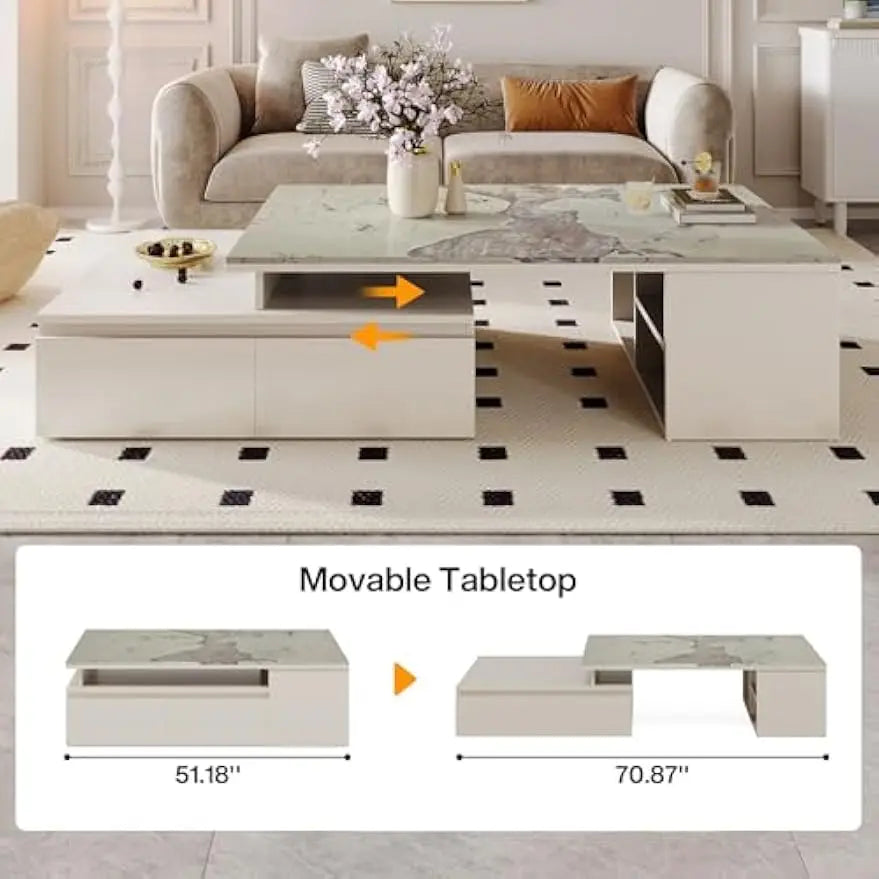 Extendable Coffee Table with Storage – Modern Center Table with 4 Drawers & Shelf (51”–71”)