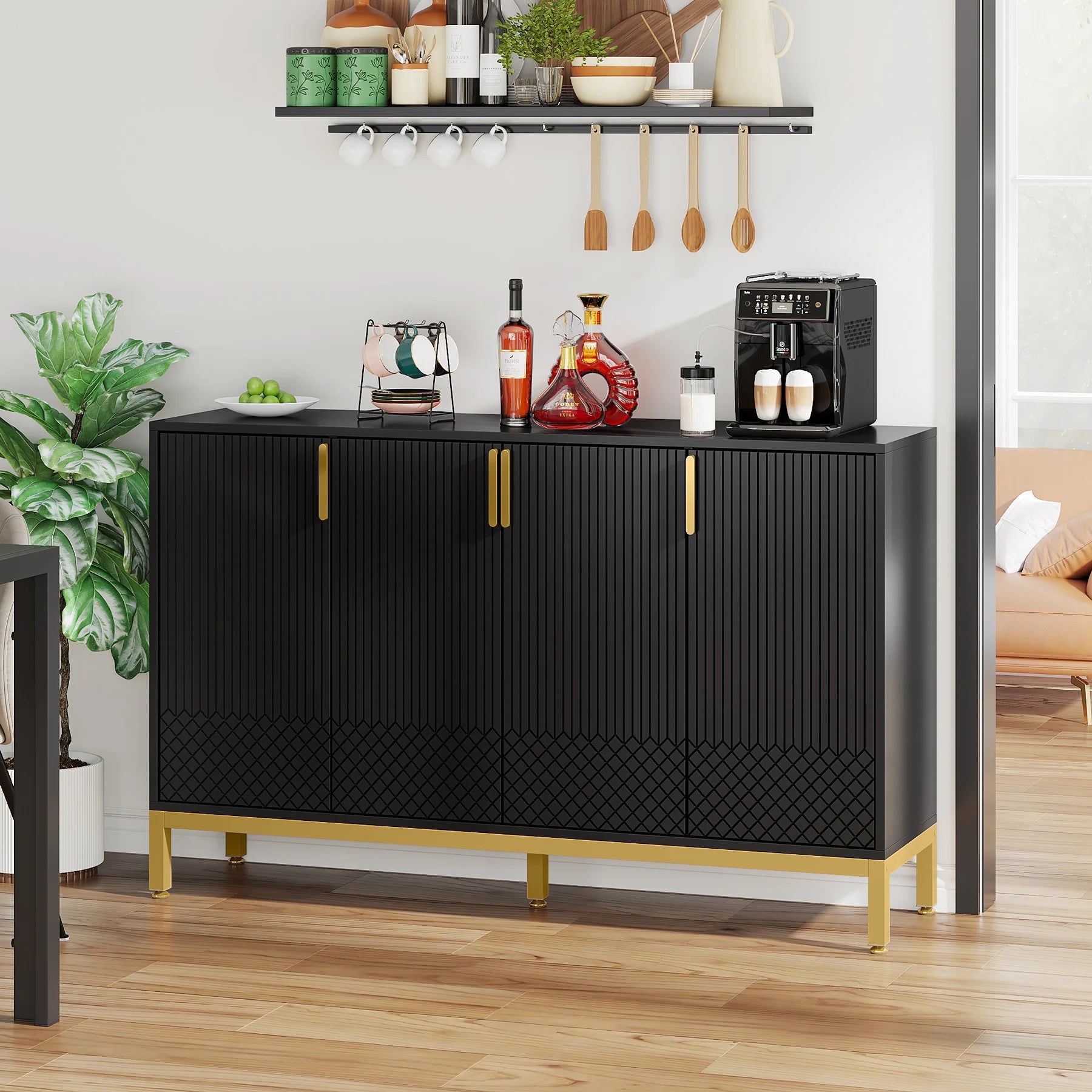 Tribesigns Modern Storage Cabinet, 59 Inch Console Cabinet Sideboard Buffet Cabinet with 4 Doors & Gold Metal Base