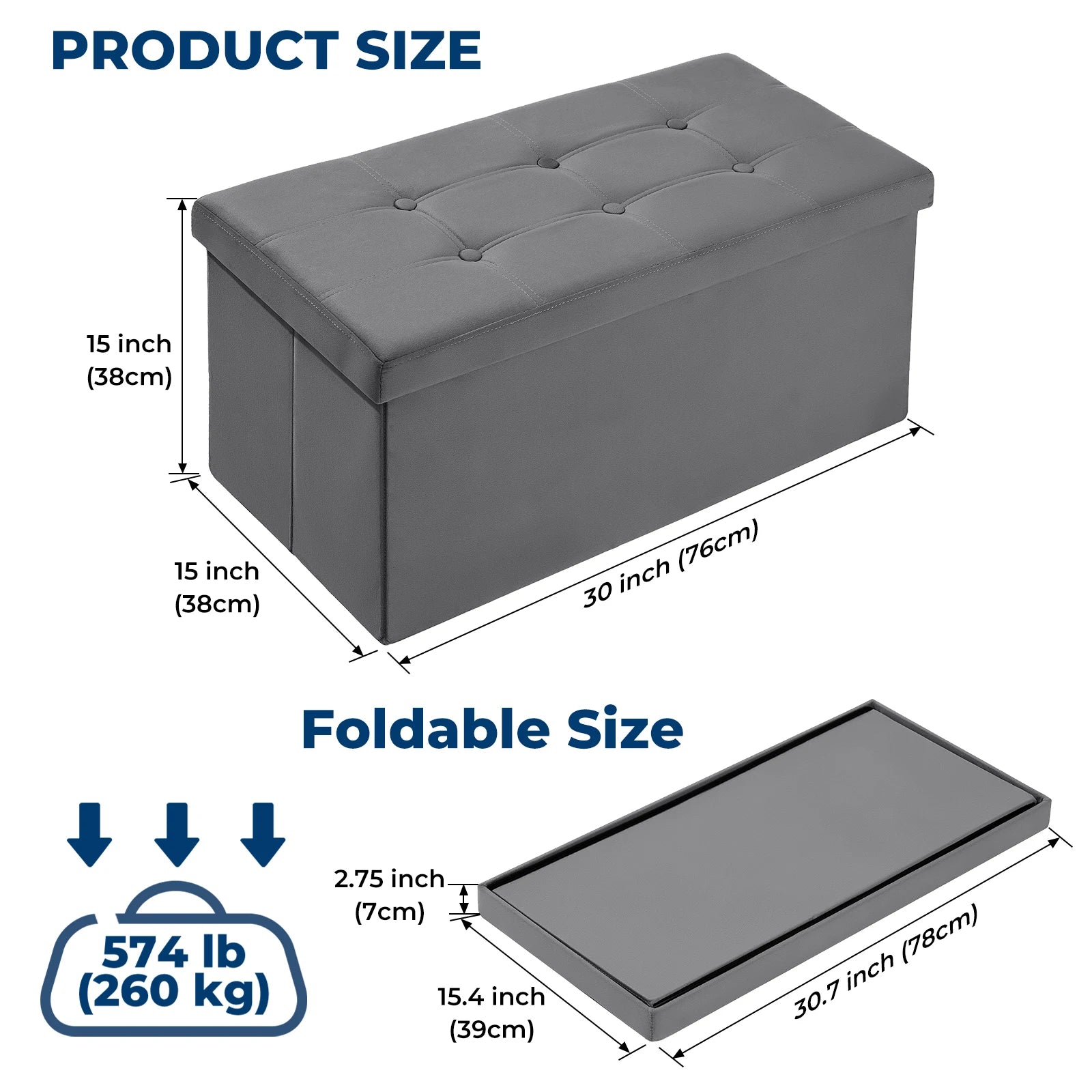 Folding Storage Ottoman Bench – 30″ Heavy-Duty Footstool with Storage