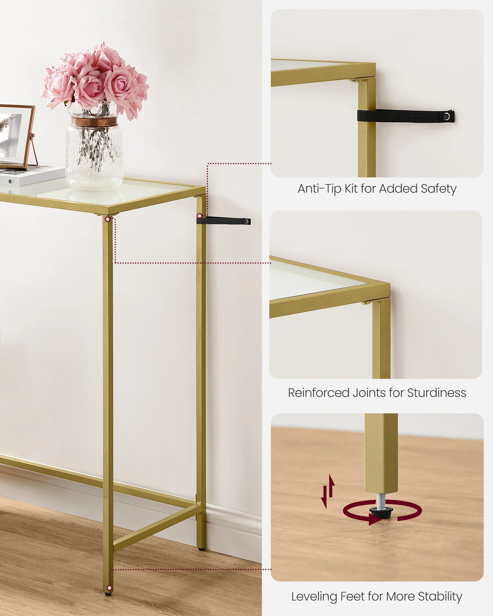 39.4 Inches Console Table, Tempered Glass Sofa Table, Modern Entryway Table, Metal Frame, Easy to Assemble