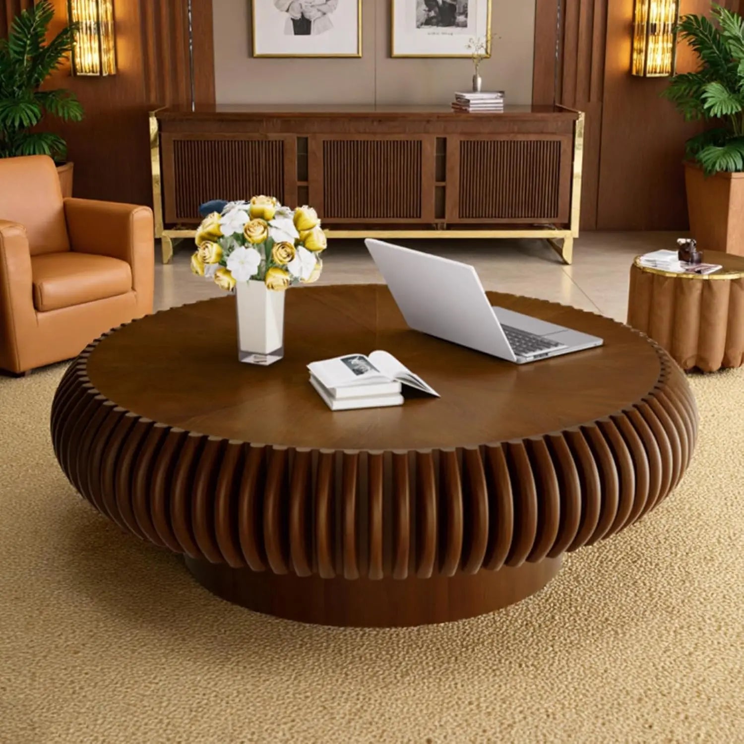 Fluted Drum Coffee Table – Round Mid-Century Modern Pedestal Center Table