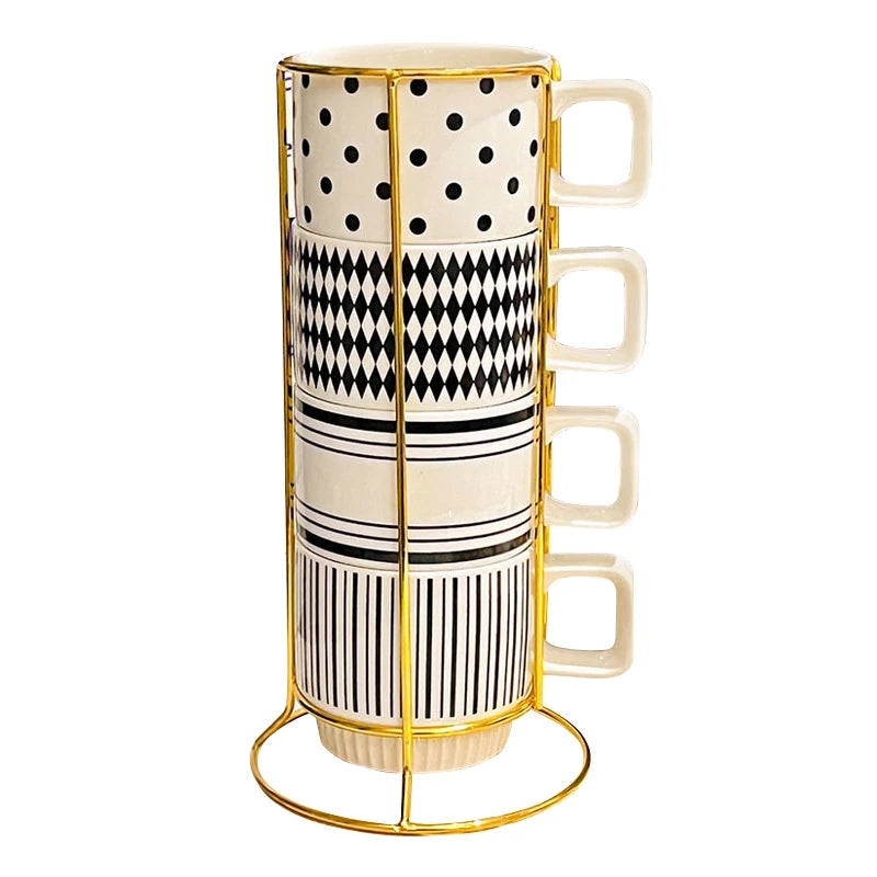 Coffee Mugs Set of 4, 13 Ounce Stackable Coffee Mug Set with Stand, Stoneware Coffee Cup with Spoon for Coffee, Milk, Tea, Cocoa