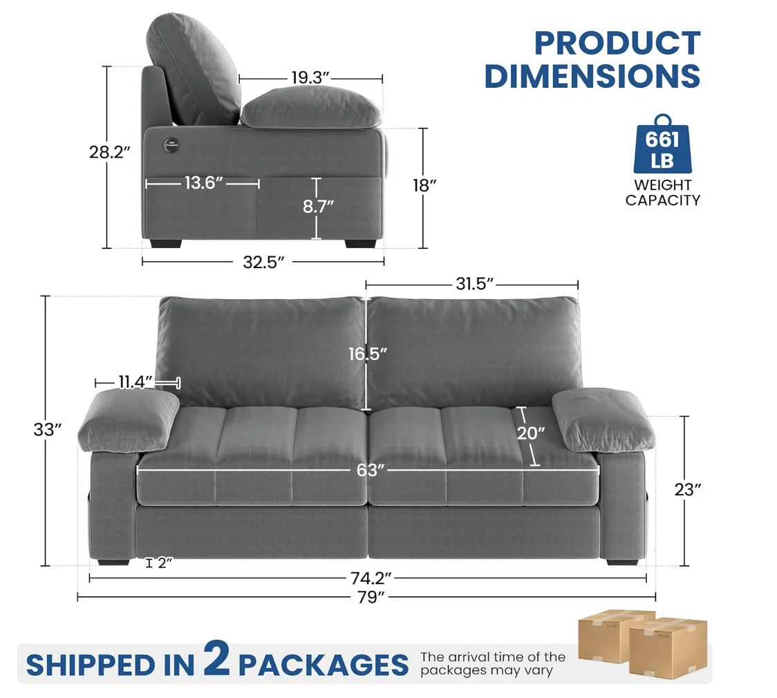79" Sofa Couch Modern Velvet Couch with Removable Covers & USB Ports Oversized Loveseat Sofas with Storage Pockets for Living Ro