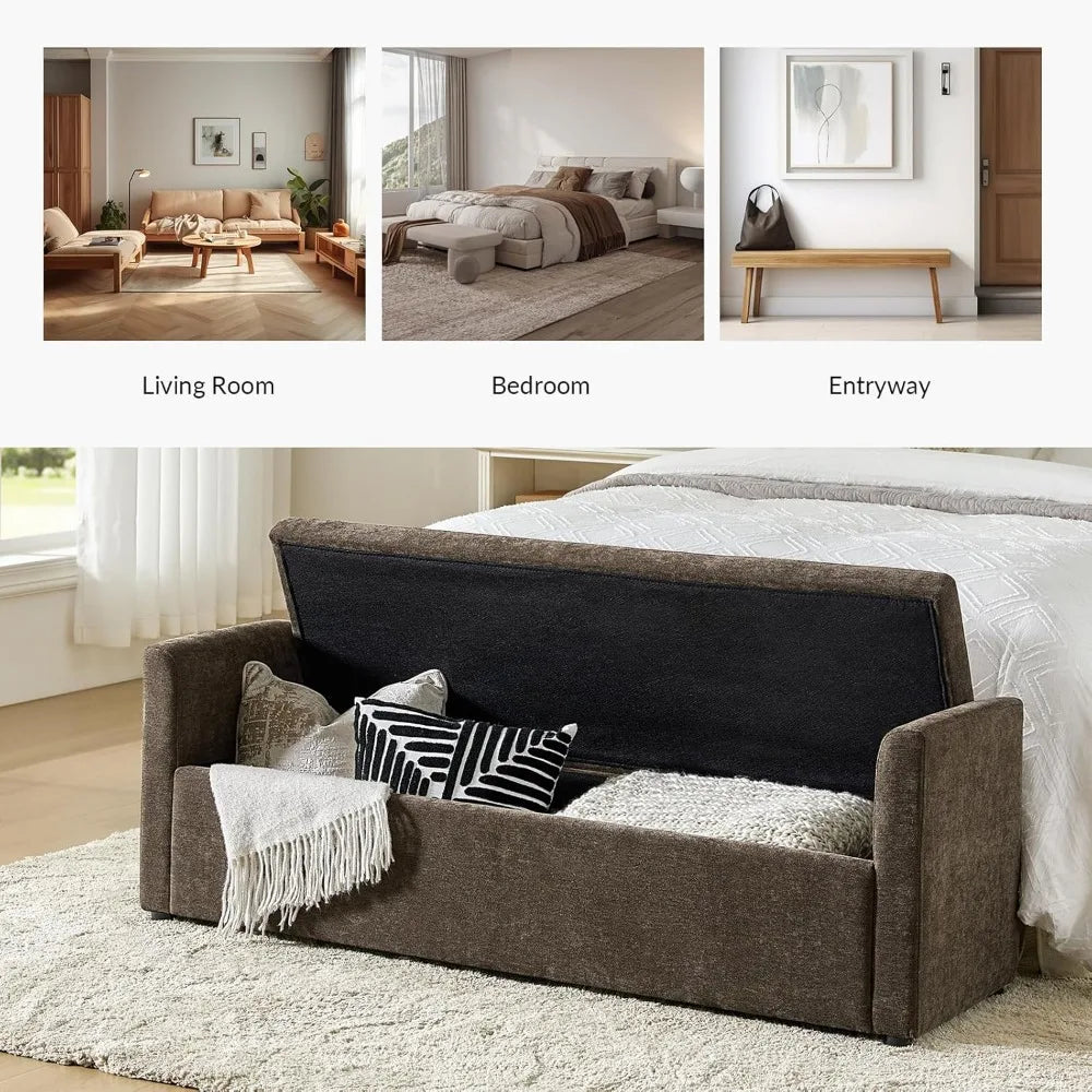 Modern Storage Bench with Throw Pillows – 59.4″ Extra-Long End-of-Bed Ottoman
