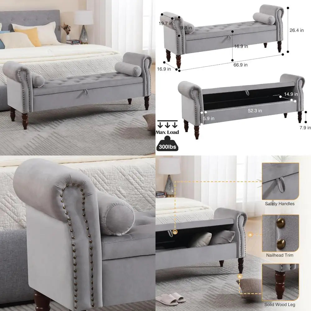 King Size Velvet Upholstered Storage Bench – End-of-Bed Bedroom Bench