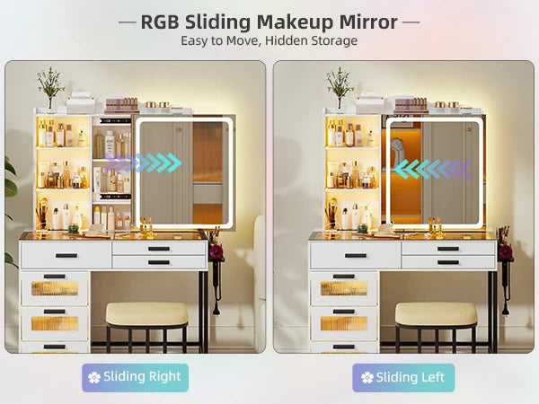 JDPAG RGB Vanity Desk with Sliding Mirror and Lights, LED Makeup Vanity with Charging Station, Glass Top Vanitys Dressing Table