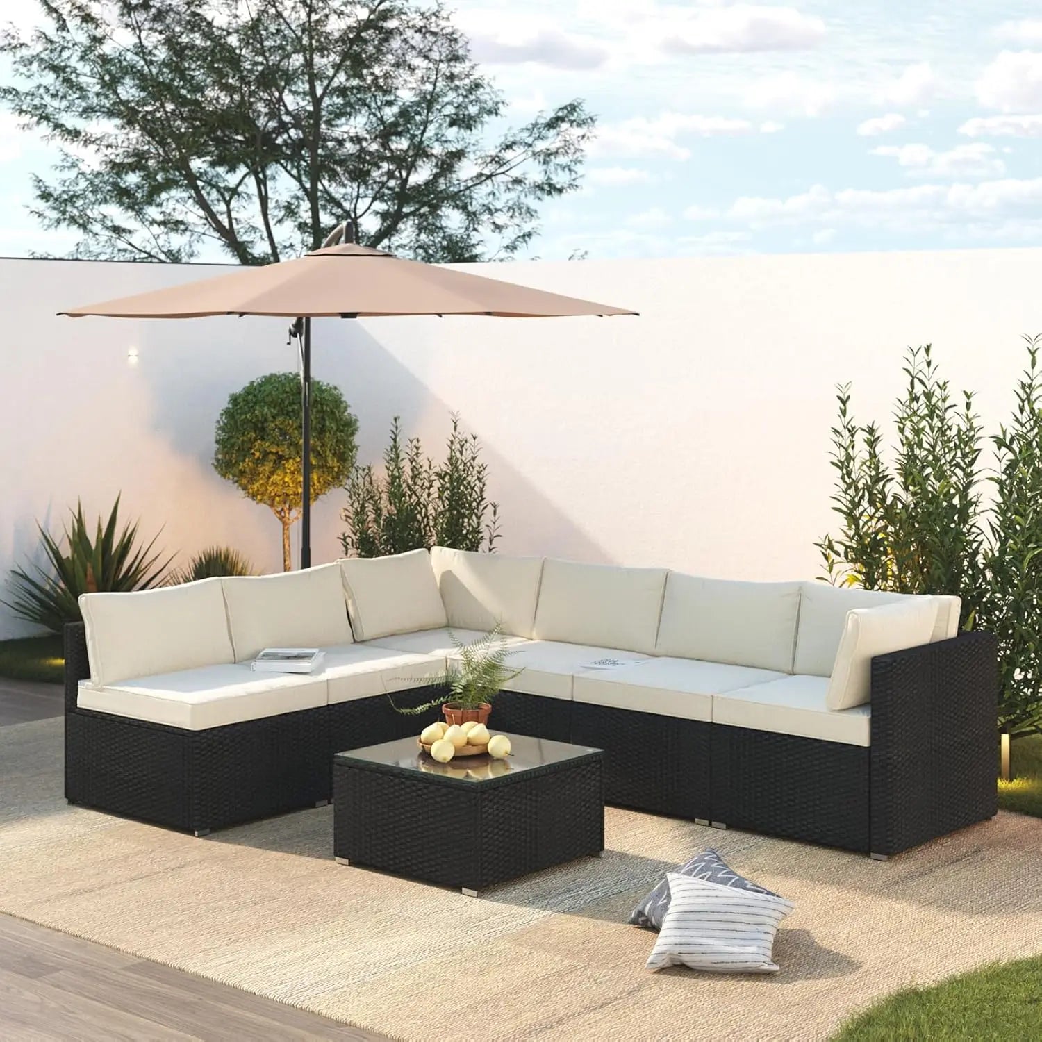7 Piece Patio Furniture Set, Outdoor Couch Set—All-Weather Outdoor Furniture Sectional w Water Resistant Thick Cushions, Patio