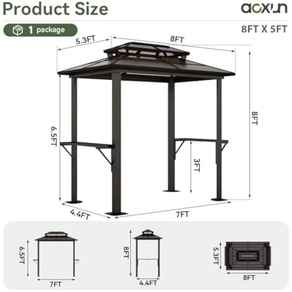 Grill Gazebo 8 x 5FT, Aluminum BBQ Gazebo with Double Polycarbonate Top, Grill Canopy Hardtop with Shelves for Lawn, Patio, Gar