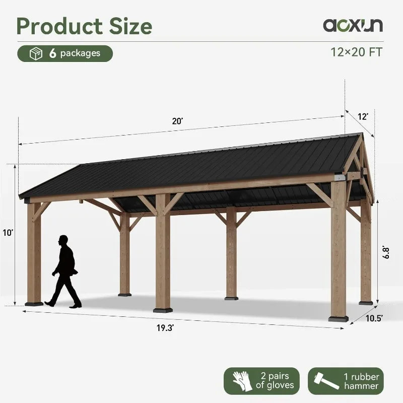 12' x 20' Outdoor Wood Gazebo, with Galvanized Steel Gable Roof, for Patio, Garden, Deck, Cedar Wood