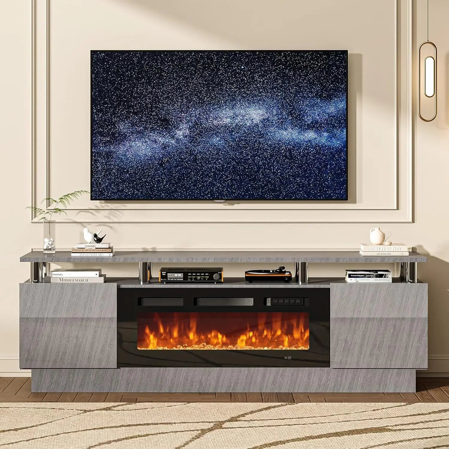 80" Modern Entertainment Center with 36 Inch Electric Fireplace Remote Control LED Light Fire Place - Wood TV Stand