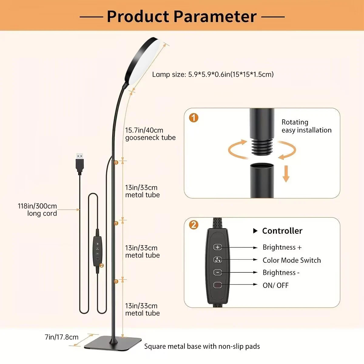 LED Floor Lamp Changeable Reading Lamp with Flexible Gooseneck Dimmable Table or Floor Standing Task Light for Indoor Room