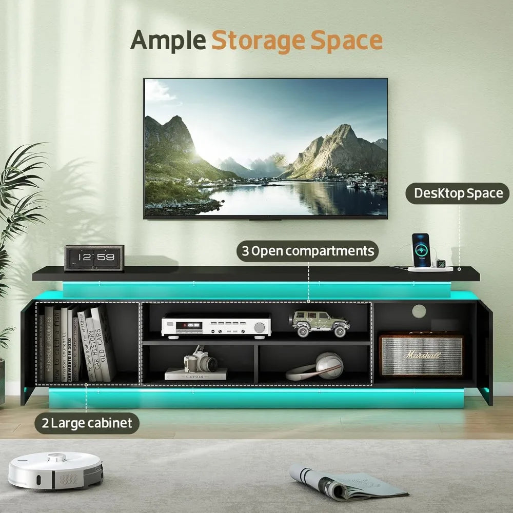 70 Inch TV-Stand - Television Stands for 75 80 85 Inch TV - 2 Tier Entertainment Center with 4 AC Outlets & 2 Smart RGB LED