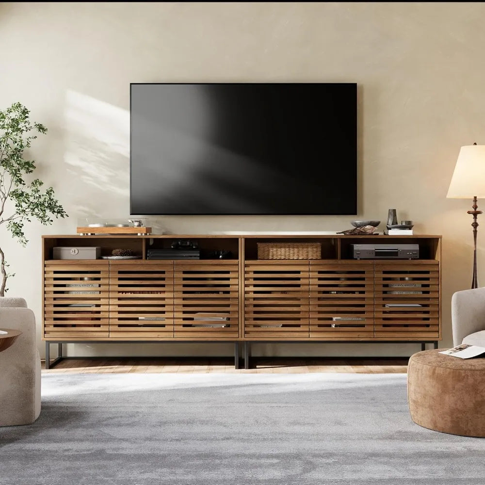 Tall TV Stand with Louvered Door and Adjustable Shelf for up to 100 inch Tvs Walnut 2 in 1 Console with Ample Storage Modern