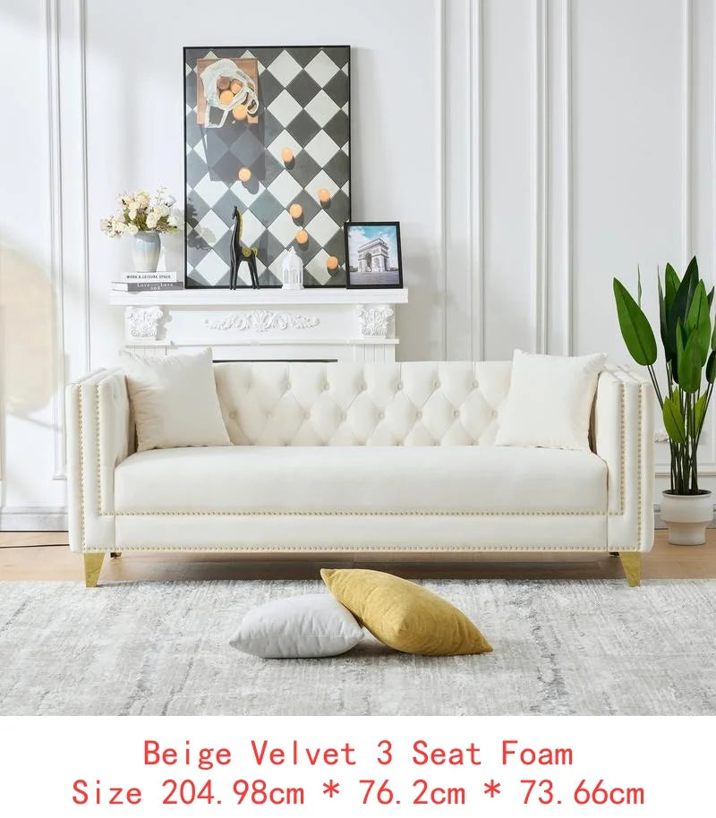 Modern Velvet 3-Seater Sofa with Deep Seat, Button Nailhead Design, Square Arm Couch for Living Room, Bedroom, Office, Beige