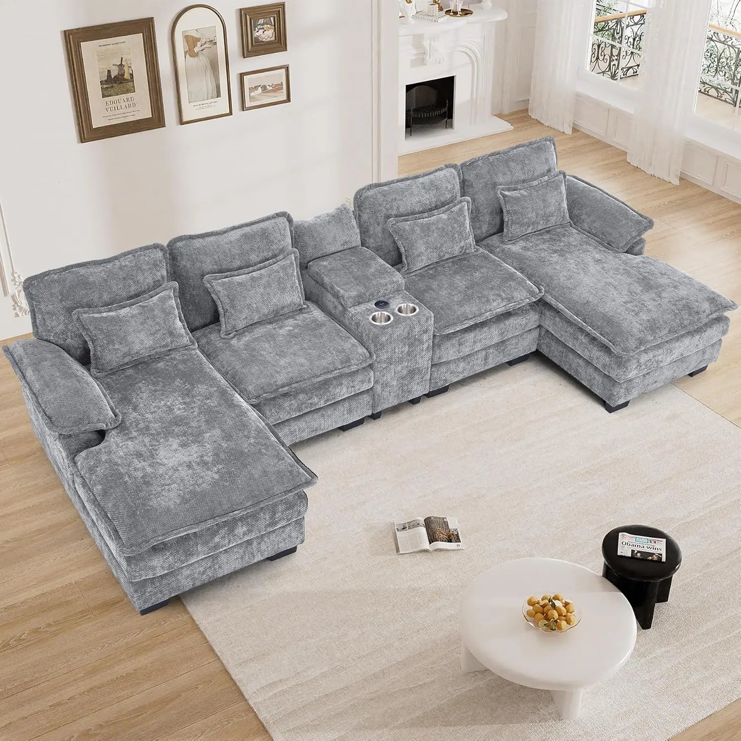 U Shape Black Cloud Sectional Couch Sofa,124" Comfy Modular Sectional Couches, Chenille Plush Cloud Sofa for Living Room