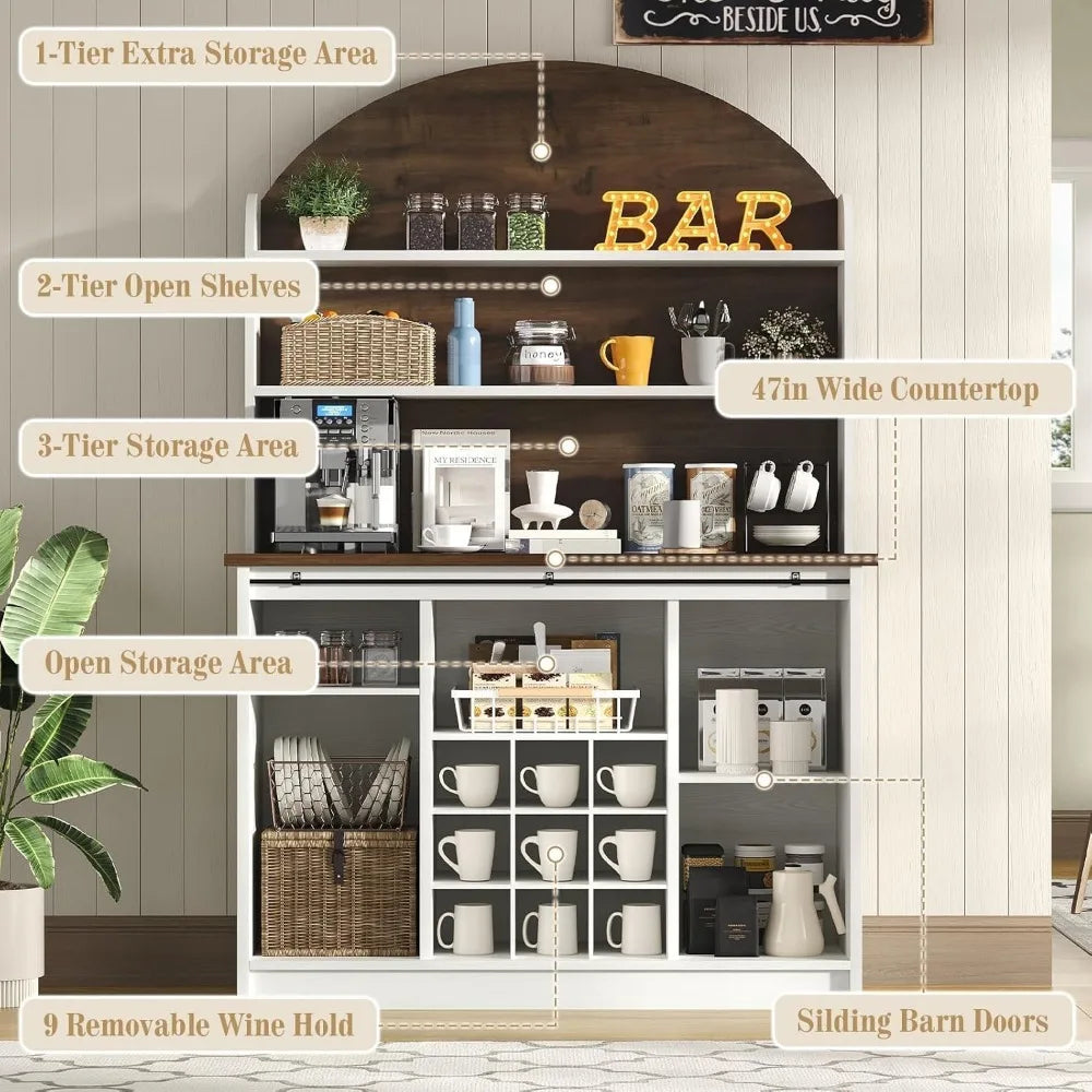 Farmhouse Coffee Bar Cabinet – 67″ Hutch with 3-Tier Storage & Sliding Barn Doors