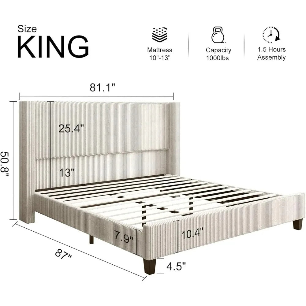 Extra Large Cushioned Platform Bed Frame – Canvas Upholstered Bed with 50.8″ Headboard (Cream)