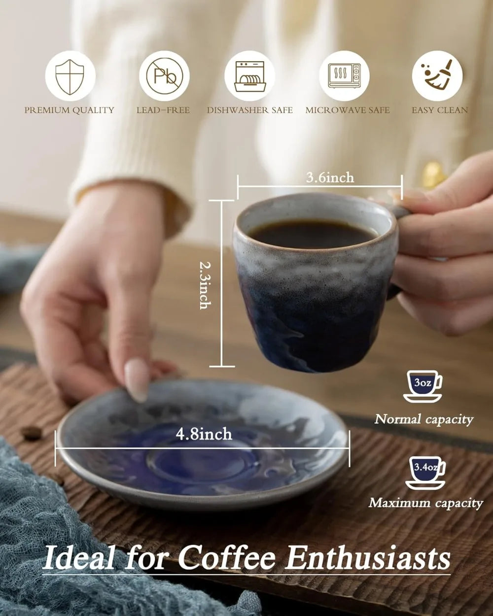 Set of 4 Vintage Ceramic Espresso Cups with Saucers, 3 oz Mini Coffee Mugs for Lungo, Blue Gradient