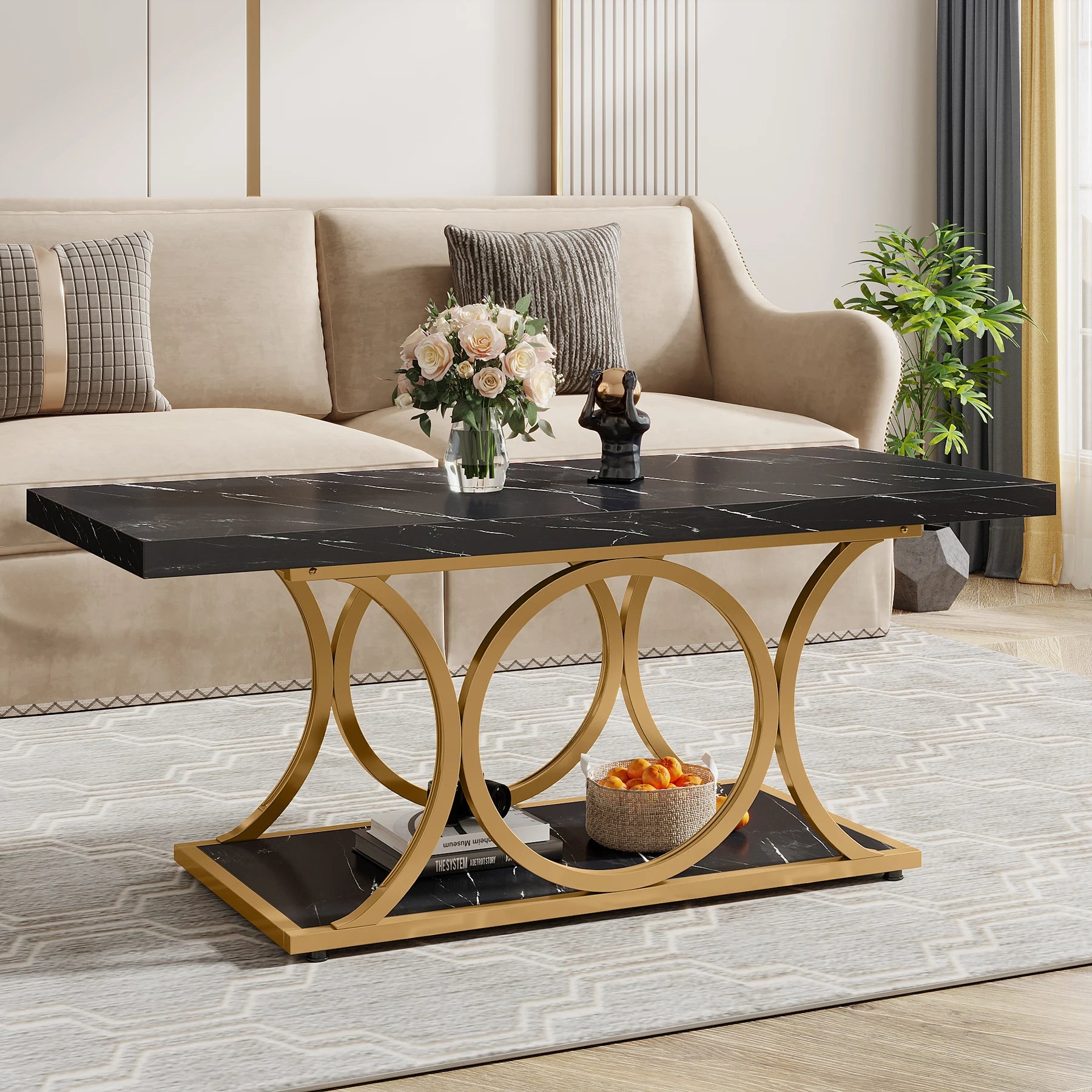 Rectangular Modern Coffee Table – 47.24” 2-Tier Faux Marble & Wood Center Table